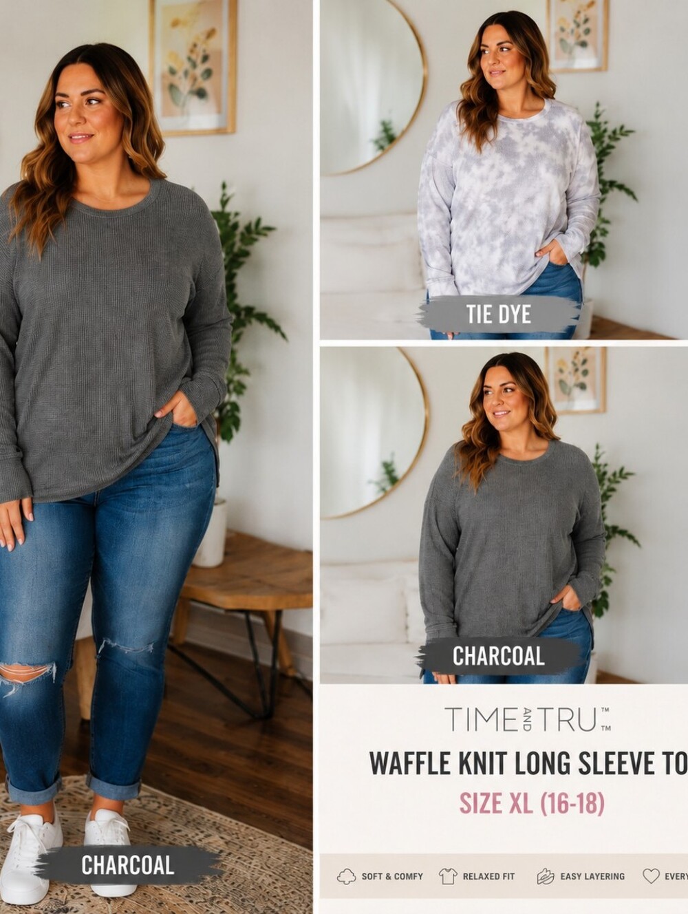 Time and Tru XL Waffle Knit Long Sleeve Thermal Tops Gray / Charcoal